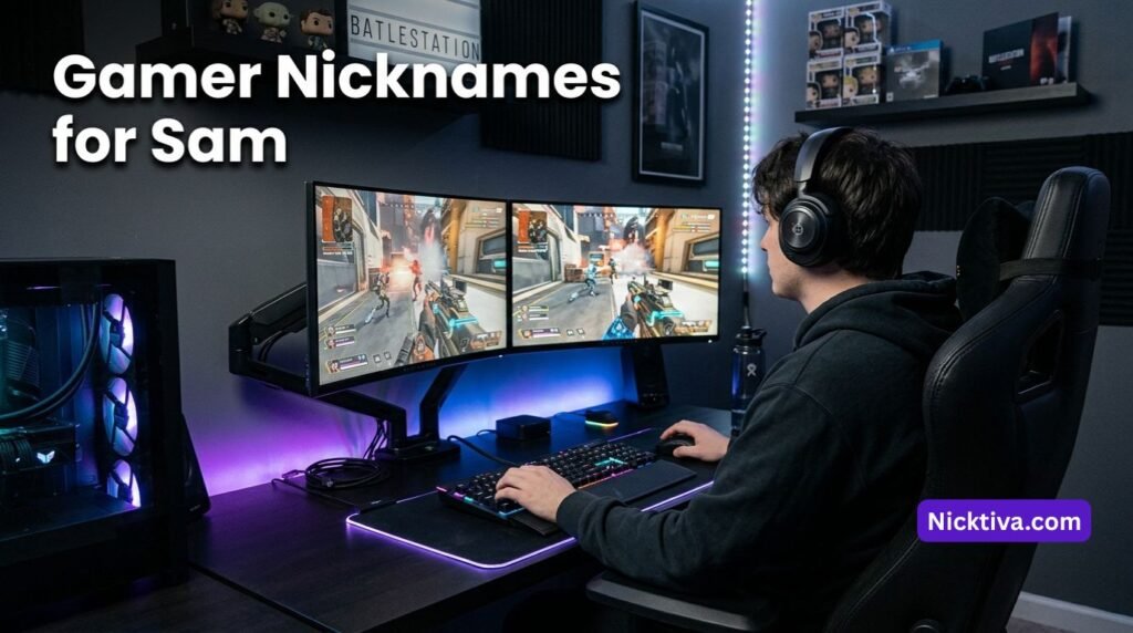 Young gamer using a dual-monitor setup
