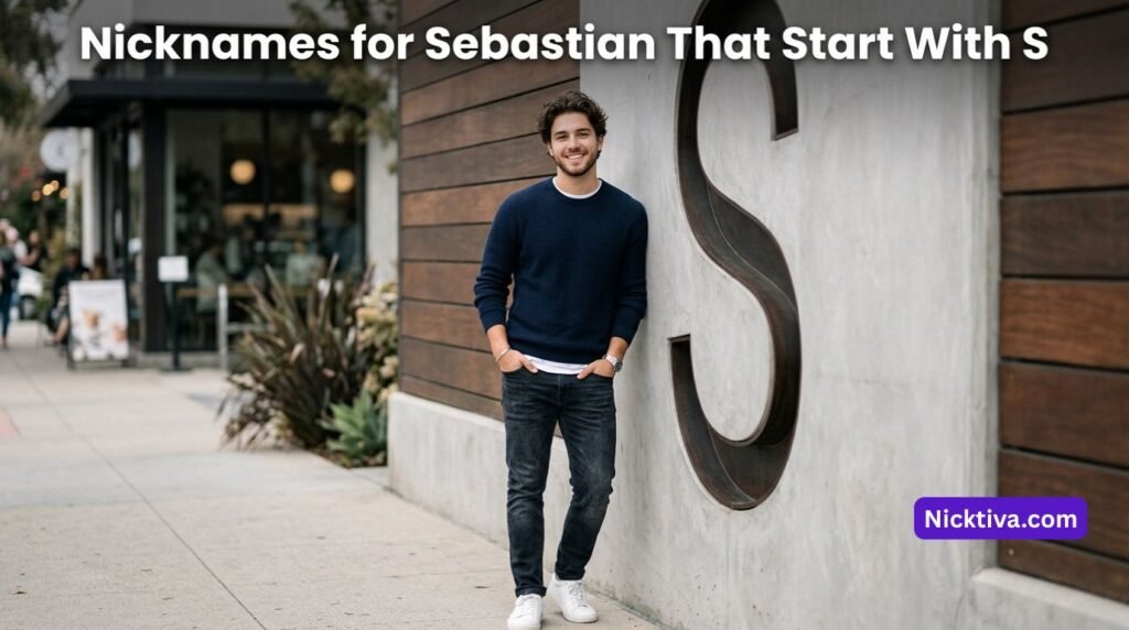 Young man standing beside letter S