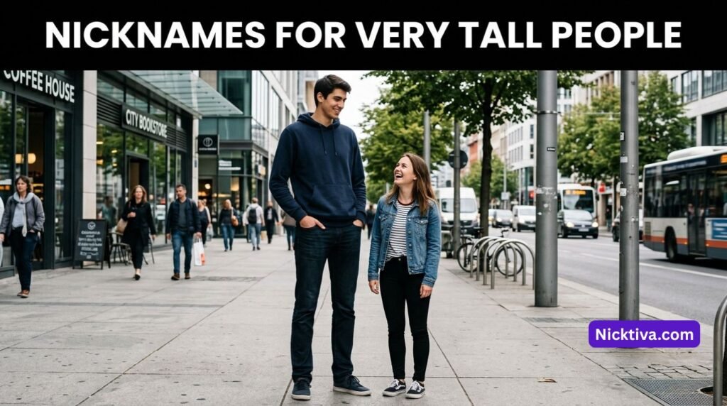 Very tall man standing among other people