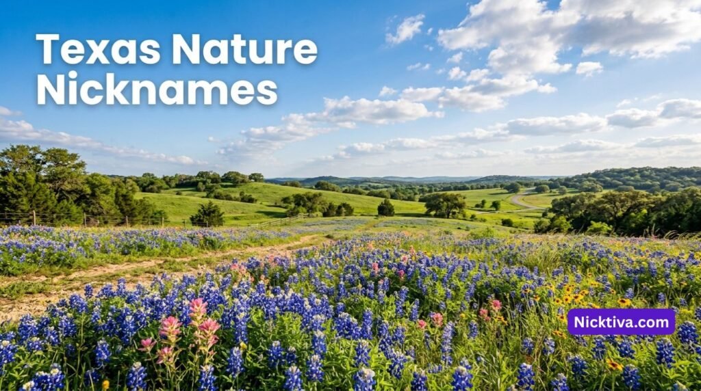 Texas countryside with wildflowers and rolling hills