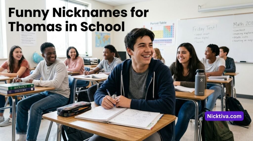 Teenage boy smiling and joking in a classroom
