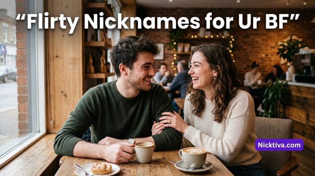 Couple sharing a playful smile at a cafe