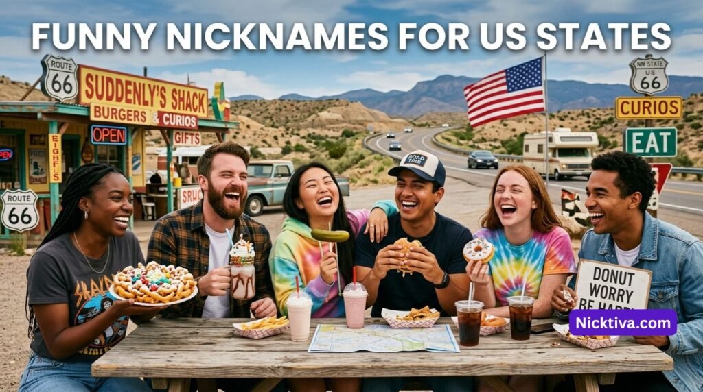 Funny state nickname ideas with laughing travelers