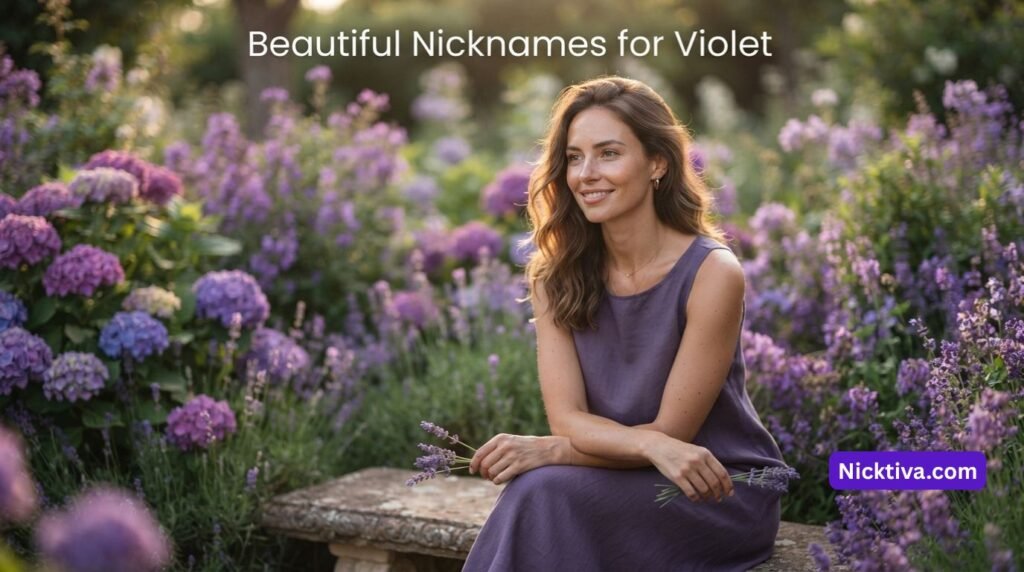 Elegant young woman surrounded by purple flowers