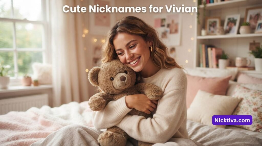 Cute nickname ideas represented by a young woman with a teddy bear