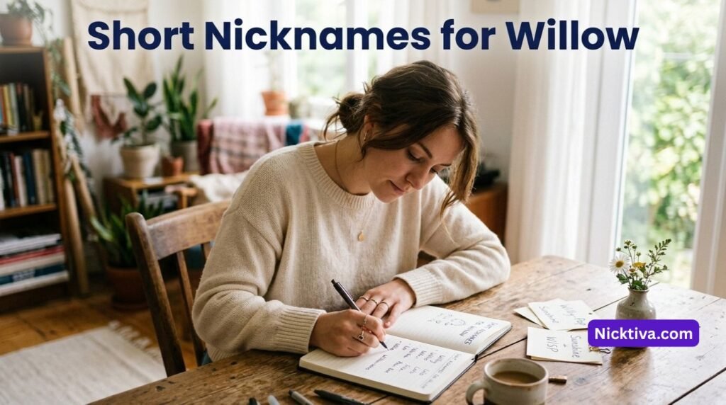 Woman writing short names in a notebook